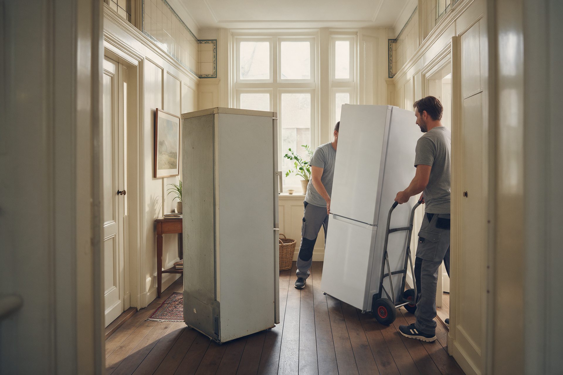 Twee bezorgers brengen een nieuwe koelkast binnen, de oude staat klaar