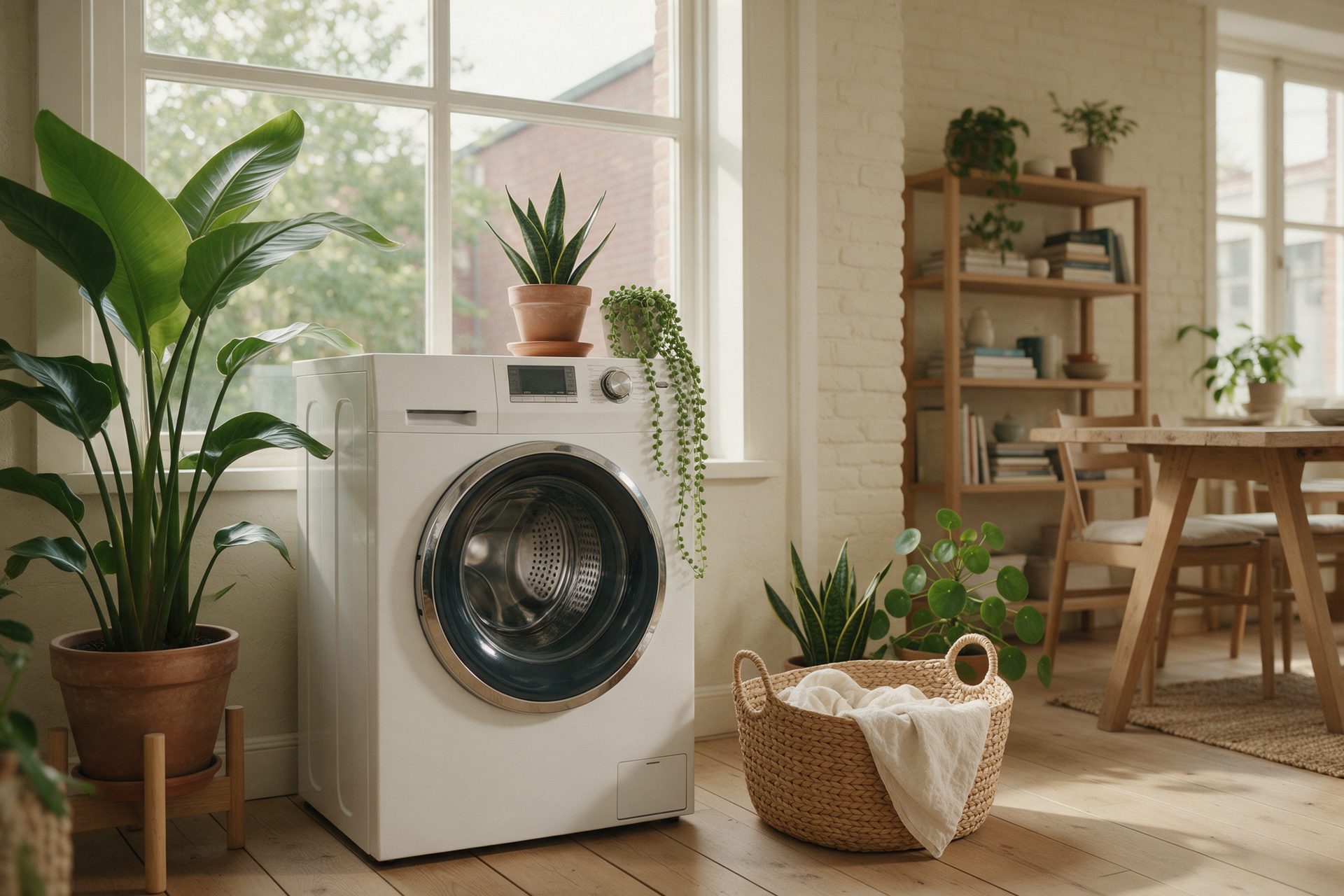 Wasmachine tussen planten in een lichte woonkamer