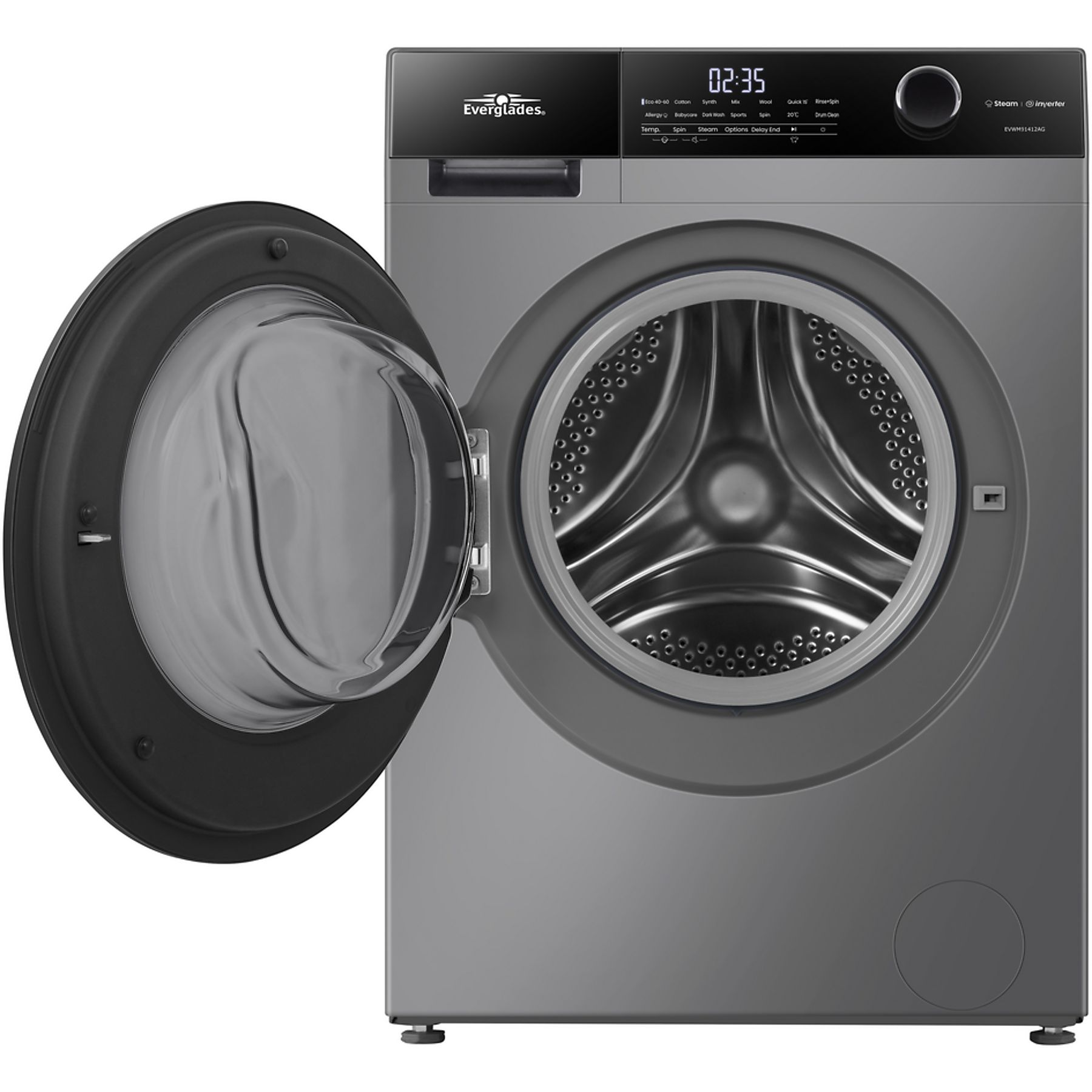 Everglades EVWM91412AG Zuinige Wasmachine - 9KG - A Klasse - Stoomfuncties/Allergie Gratis bezorgen+ - Koolborstelloze Motor - Zeer Stil 72dB - Titanium Grijs - 5 Jaar Garantie