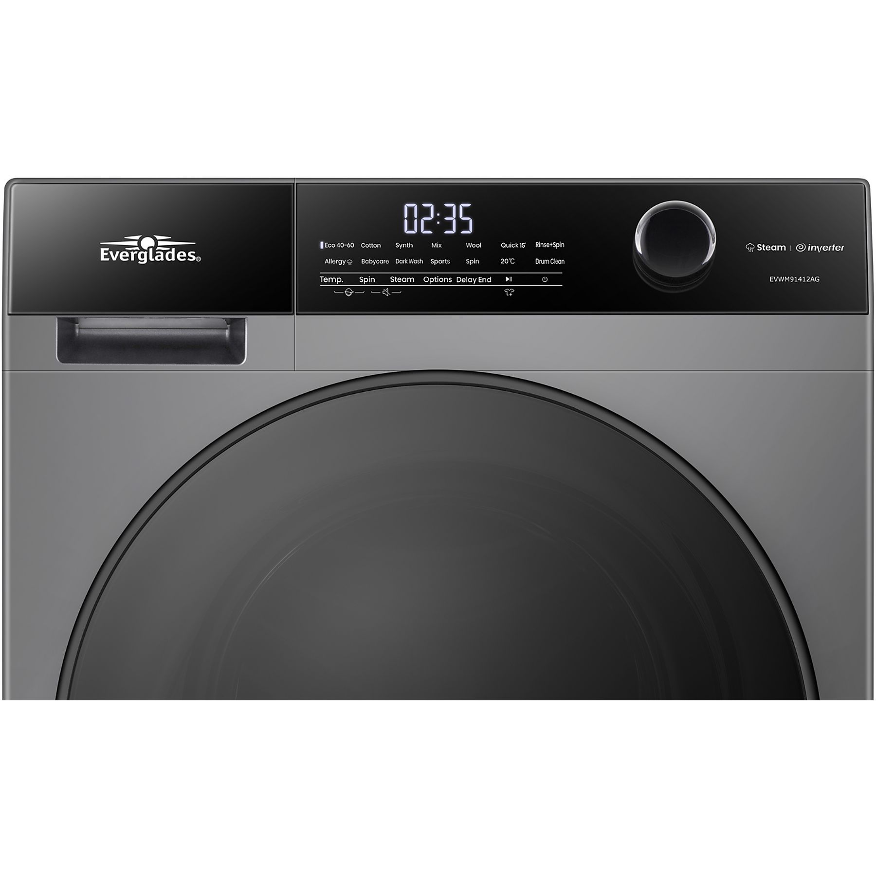 Everglades EVWM91412AG Zuinige Wasmachine - 9KG - A Klasse - Stoomfuncties/Allergie Gratis bezorgen+ - Koolborstelloze Motor - Zeer Stil 72dB - Titanium Grijs - 5 Jaar Garantie