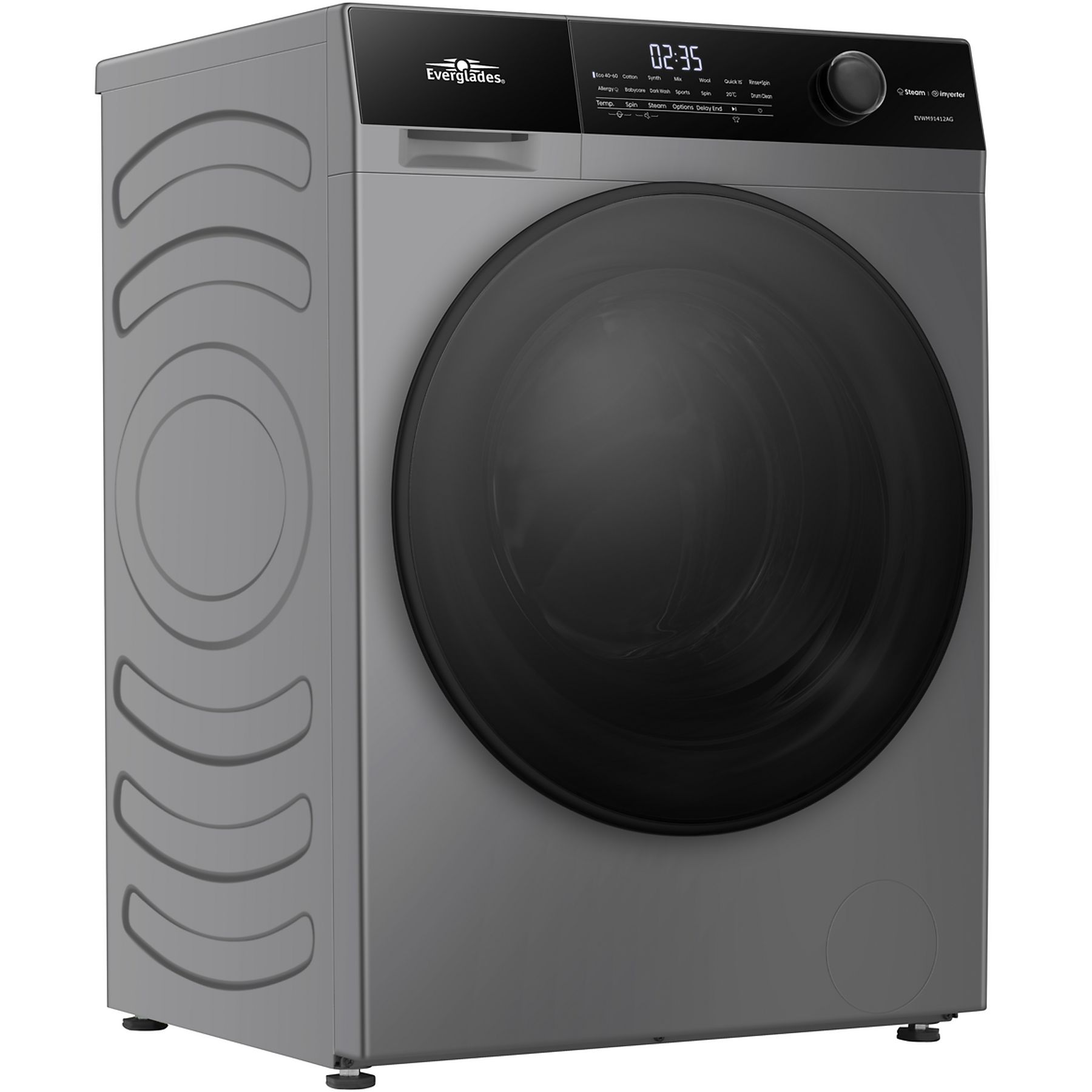 Everglades EVWM91412AG Zuinige Wasmachine - 9KG - A Klasse - Stoomfuncties/Allergie Gratis bezorgen+ - Koolborstelloze Motor - Zeer Stil 72dB - Titanium Grijs - 5 Jaar Garantie