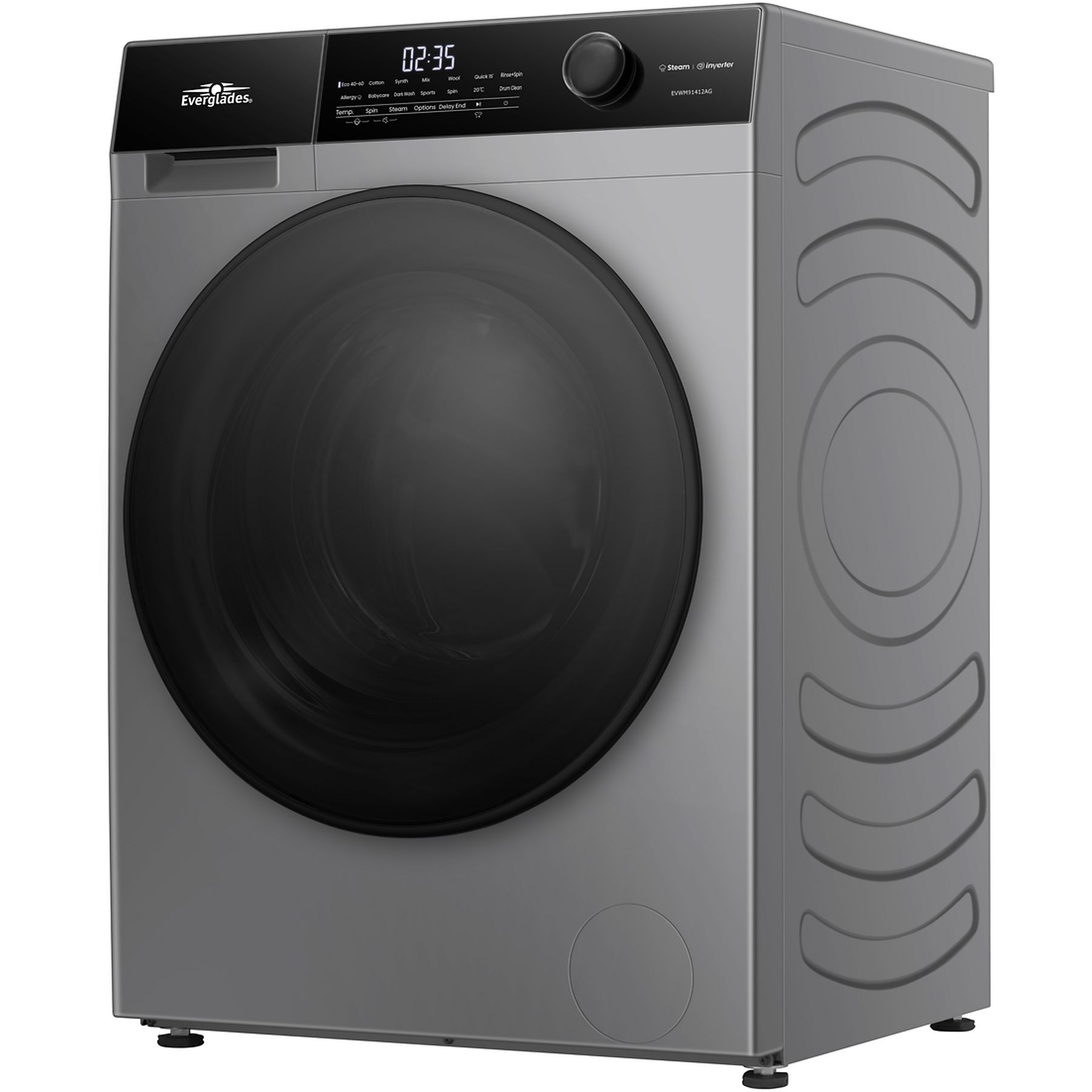 Everglades EVWM91412AG Zuinige Wasmachine - 9KG - A Klasse - Stoomfuncties/Allergie Gratis bezorgen+ - Koolborstelloze Motor - Zeer Stil 72dB - Titanium Grijs - 5 Jaar Garantie