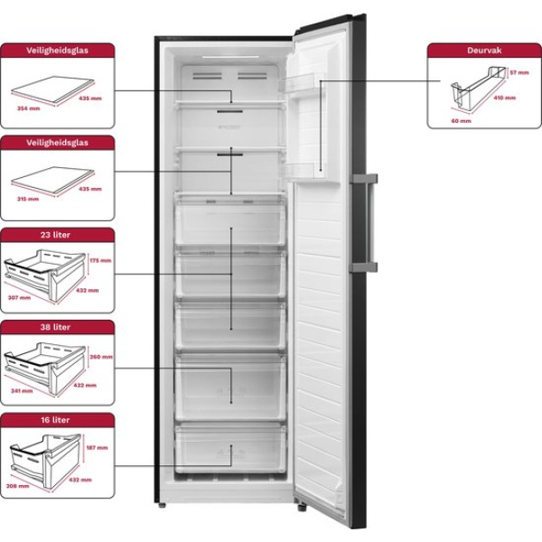 Inventum VR1850B No Frost kastmodel vriezer energiezuinig - 272 liter - 185 cm hoog - Supervriezen - Superkoelen - Energielabel C - Ledverlichting - Geschikt voor garage tot -15°C - Diepvrieskast - Vrijstaand - 8 lades/vakken - Zwart RVS