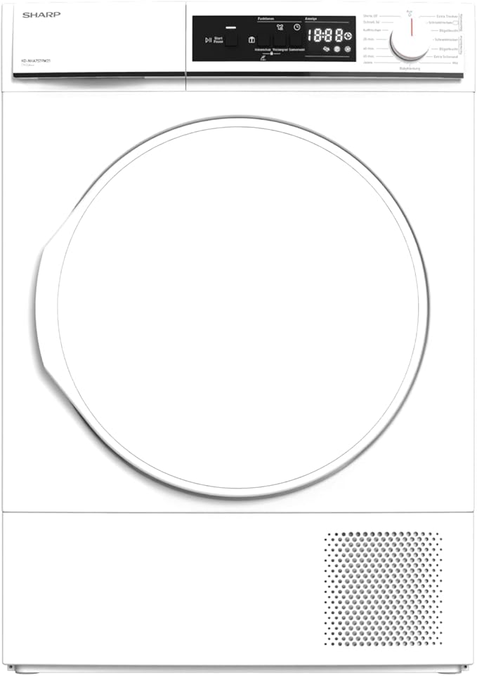 Sharp KD-NHA7S7PW21-DE warmtepomp droger voorlader E, 7 kg, 15 programma's, 30 minuten kort programma, zachte trommel, LED interieurverlichting, kinderslot, wit