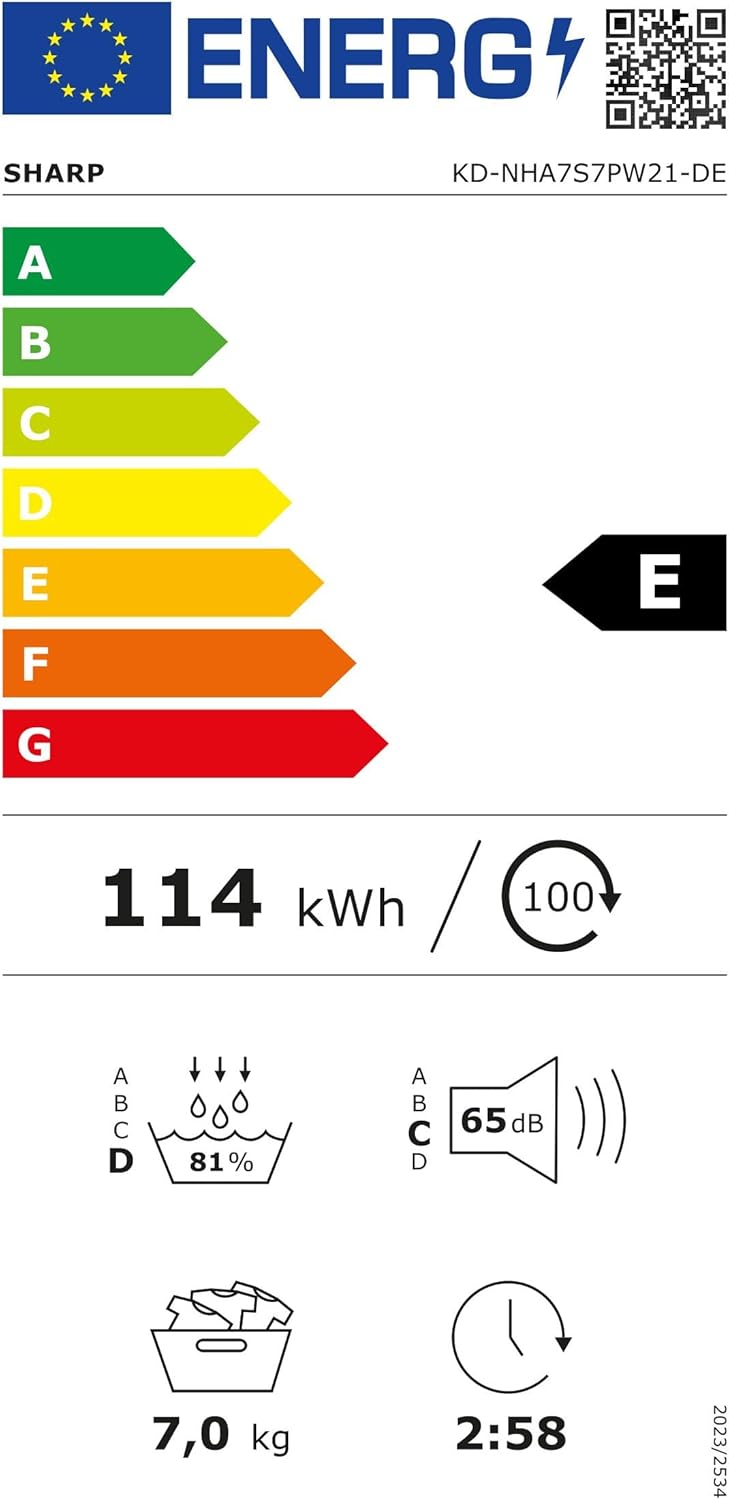 Sharp KD-NHA7S7PW21-DE warmtepomp droger voorlader E, 7 kg, 15 programma's, 30 minuten kort programma, zachte trommel, LED interieurverlichting, kinderslot, wit