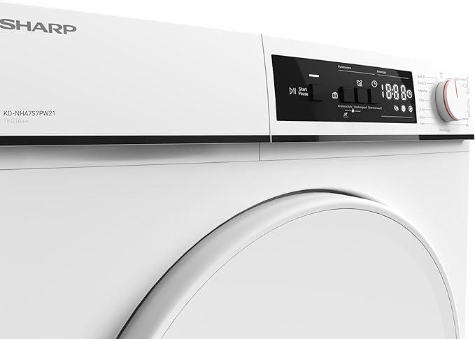 Sharp KD-NHA7S7PW21-DE warmtepomp droger voorlader E, 7 kg, 15 programma's, 30 minuten kort programma, zachte trommel, LED interieurverlichting, kinderslot, wit
