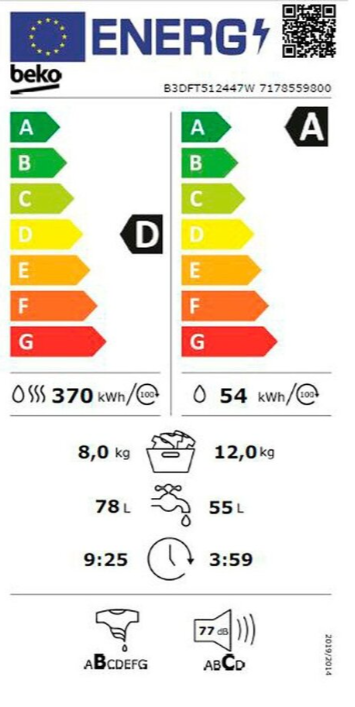 Beko B3DFT512447W | wasdroogcombinatie | 12 - 8 kg
