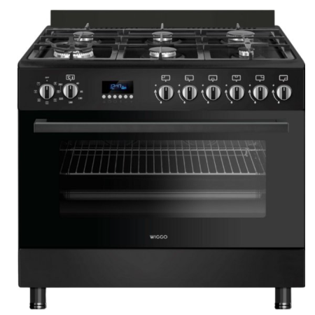 Wiggo WO‑E969R(BB) – Vrijstaand gasfornuis – 90 cm – 6 kookzones met dubbele wokbrander – 110L elektrische oven – Zwart – Elektrische vonkontsteking & vlambeveiliging – Energieklasse B – 5 jaar garantie