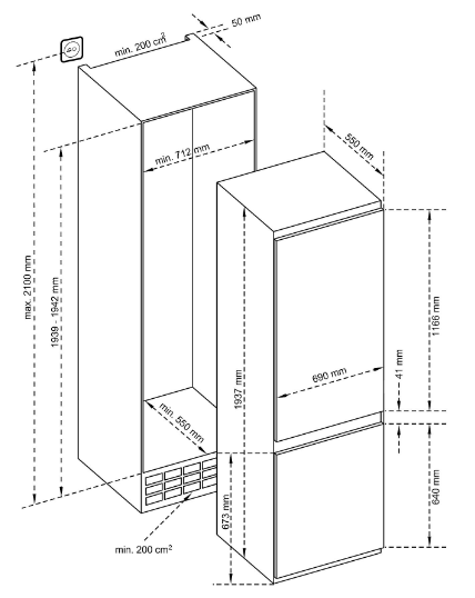 INVENTUM IKV1947S Inbouw koel-vriescombinatie - Inbouw - Breedte 690 mm - Hoogte 1935 mm - 257 l